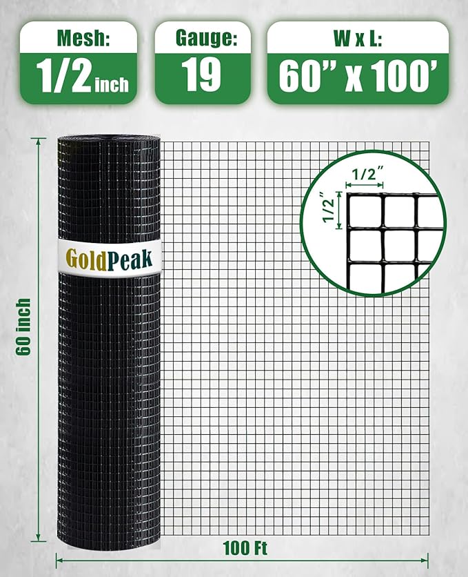 GoldPeak Black Vinyl Coated Hardware Cloth 1/2 inch 60 inch x 100 Foot - Chicken Wire Fence Roll Garden Fence Mesh Wire Fencing Welded Wire Fencing Garden Fencing Chicken Coop Wire