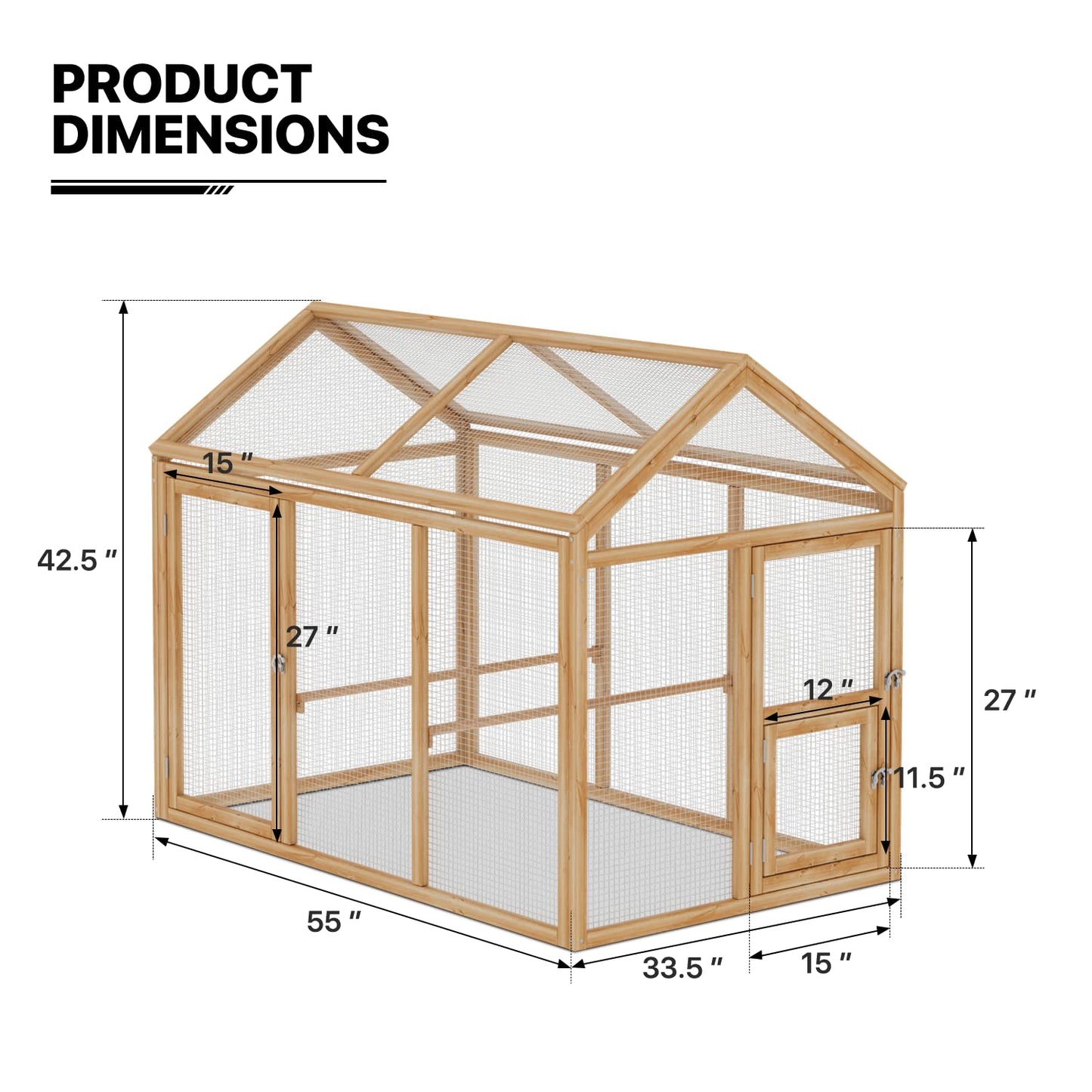 MoNiBloom Outdoor Chicken Coop Large Hen House Poultry Cage with Roosting Rods, Farmhouse Backyard Wood Rabbit Hutch Small Pets Playpens Spire Shaped Coops Triple Access/Feeding Doors 55 x 33.5 x 42.5