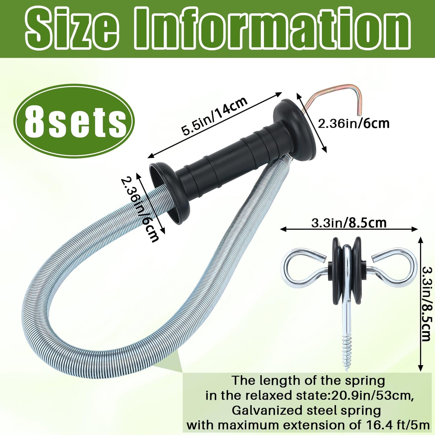 Hicarer 4 Set Electric Fence Spring Gate Handles Kit, Fence Handles with Spring, Corner End Screw-in Ring Insulators, 16 Feet Retractable Electric Gate, Black