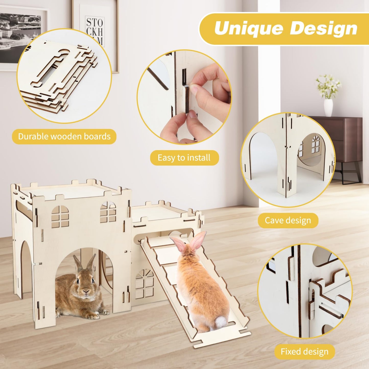BWOGUE Extra Large Wooden Bunny Castle Hideout Split Balcony for Indoor Bunnies, Multistory Climbing Tower Hideout with Stairs, Ventilated Sturdy House for Rabbits Guinea Pigs and Chinchillas