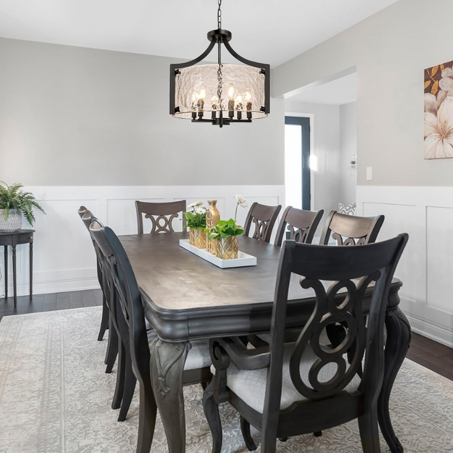 WBinDX 6-Light Modern Farmhouse Chandelier, Black Hanging Pendant Lighting, Convertible Semi Flush Mount Ceiling Light Rustic Cage Glass Chandeliers for Dining Room Kitchen Bedroom Foyer Entryway