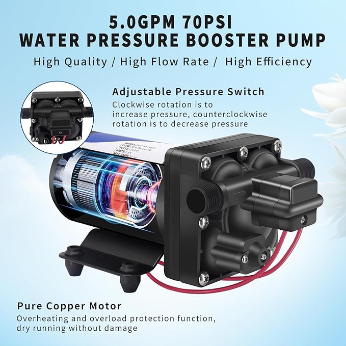 12V DC RV Water Pump Water Pressure Booster Pump for Home 5.0GPM 70PSI Marine Boats Washdown Pump Self-Priming Diaphragm Pump for Yacht Garden Camp Bathroom Kitchen