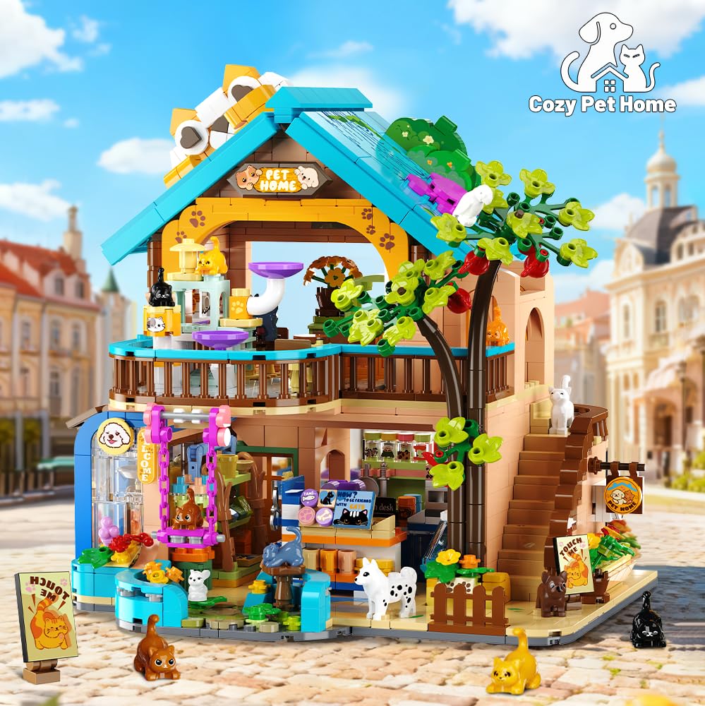 INSOON City Pet Shop Building Set with Lights, Cozy Pet House Construction Toy with Cats Dogs Rabbit, 1431 PCS Cute Animal Store Miniature Model Building Block Kit for Adults Kids Boys Girls Ages 12+
