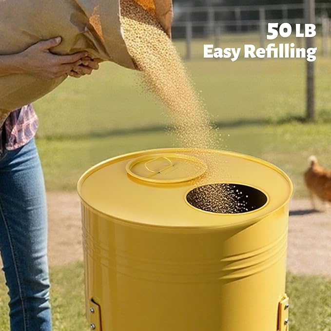 KOL Metal Chicken Feeder - 50lbs Poultry Feeder with 16 Ports, Powder Coated Rust-Proof Design & Smooth Edges for Safe Feeding (Yellow)