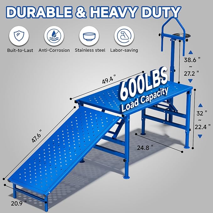 Professional Goat Milking and Trimming Stand with Ramp, Sheep and Goat Grooming Platform, Livestock Care Equipment (Blue with Ramp)