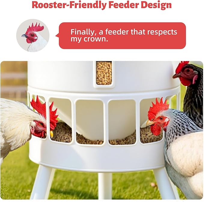 KOL Metal Chicken Feeder No Waste - 50lbs Poultry Feeder with 16 Ports, Powder Coated Rust-Proof Design & Smooth Edges for Safe Feeding (Jade White)