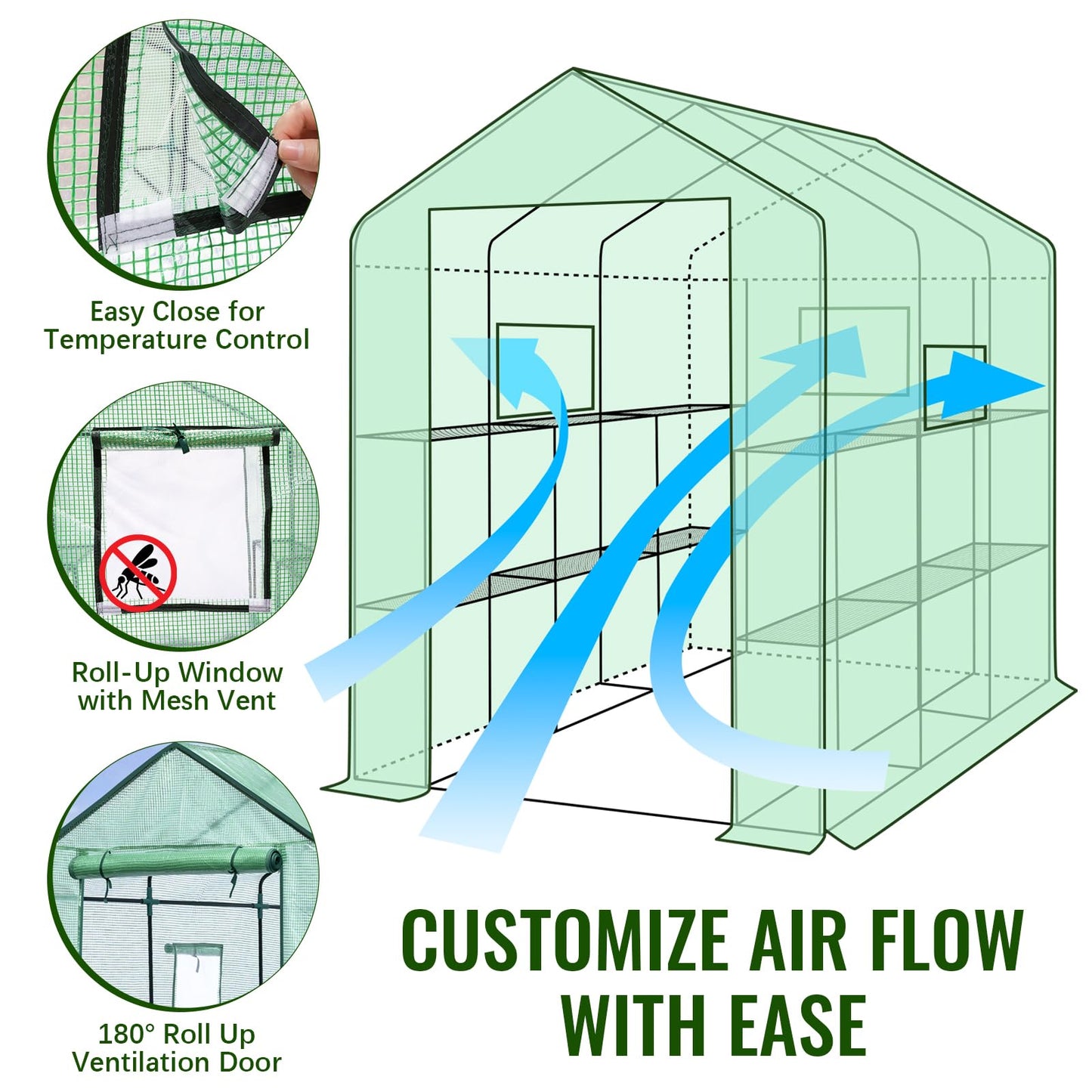 Greengro Greenhouse, 57 x 85 x 76'' Greenhouses for Outdoors, Portable Greenhouse Kit with Mesh Side Windows, PE Cover, 8 Shelves, Heavy Duty Walk in Green House for Backyard Garden Indoor Outside