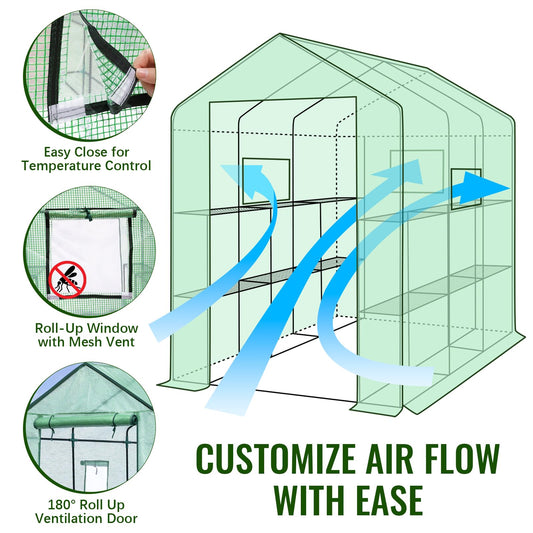 Greengro Greenhouse, 57 x 85 x 76'' Greenhouses for Outdoors, Portable Greenhouse Kit with Mesh Side Windows, PE Cover, 8 Shelves, Heavy Duty Walk in Green House for Backyard Garden Indoor Outside