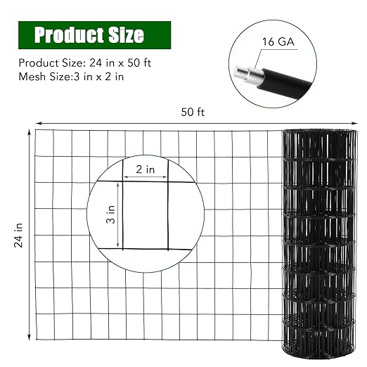 Hardware Cloth 2inchx3inch 24inx50ft 16 Gauge Chicken Wire Fence Galvanized Steel Mesh Rolled Fencing for Garden Supports Poultry Netting Cage Snake Fence Tree Guard, Black