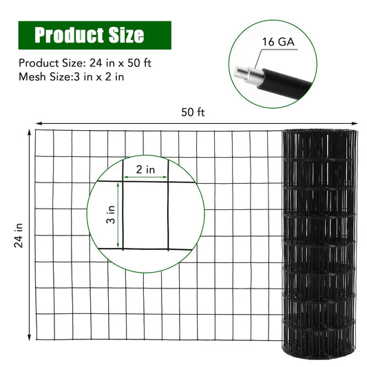 Wire Mesh Fence Roll 24inx50ft, 2inchx3inch 16GA Galvanized Steel Poultry Netting, Vinyl Coating Metal Wire Hardware Cloth Fence for Garden Yard Animals Plants Protection, Farm Fencing, Black