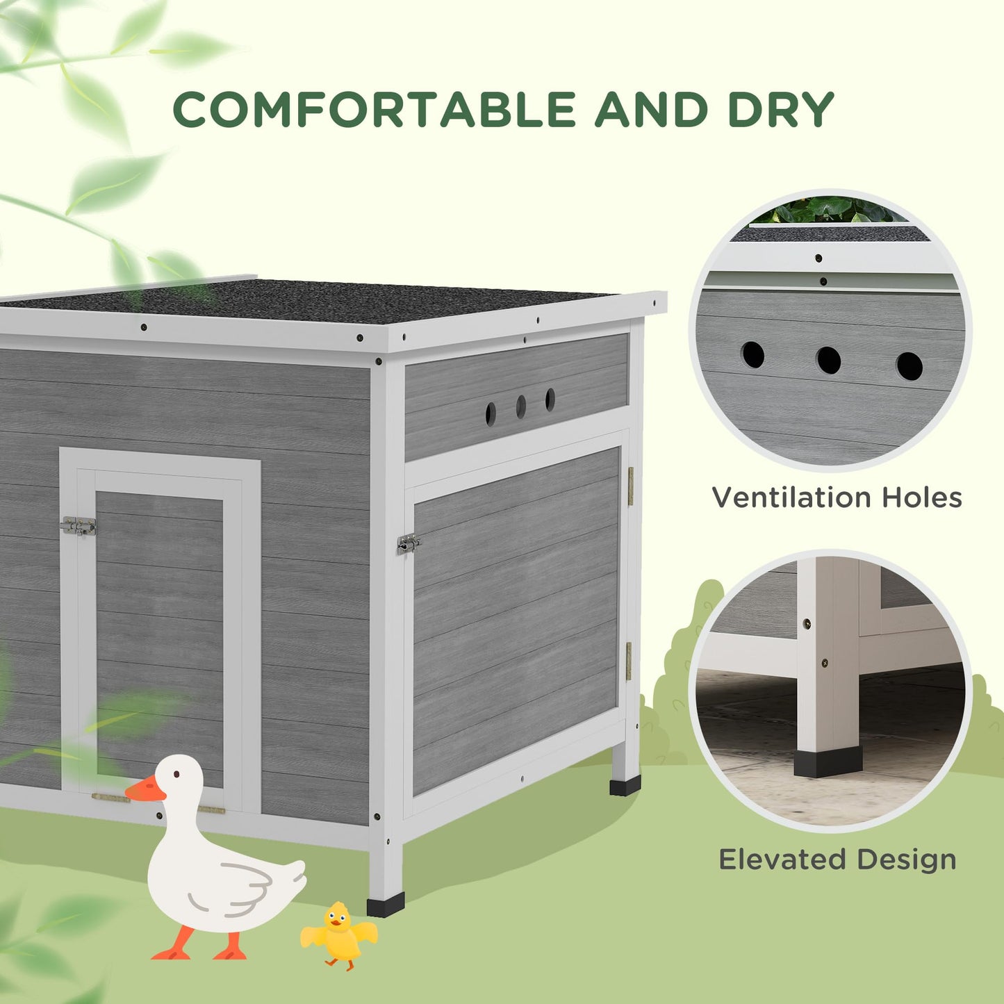 PawHut Duck Coop, Wooden Chicken House Rabbit Hutch with Openable Roof, Removable Floor, Double Doors, Ramp, Duck House for 2-4 Chickens, Geese, 25" x 32" x 30"