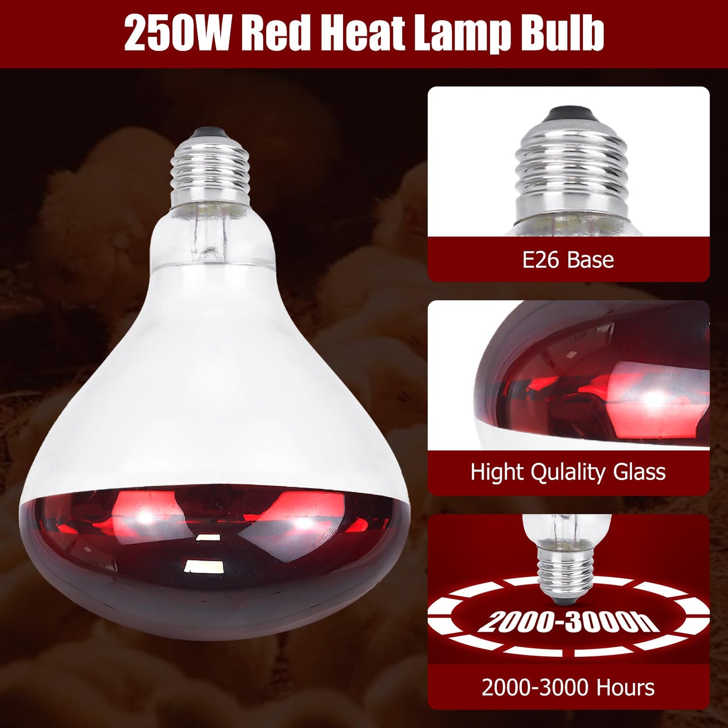 REPTI HOME 250W Infrared Heat Lamp for Chicken, Red Heat Light Bulb R125 2 Pack, Heat Lamp Bulb for Chick Croop, Reptiles, Pets, Food