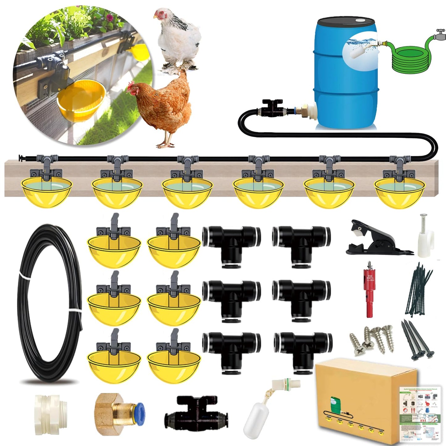 Complete Set Pipeline Automatic Chicken Waterer System, Innovative Quick-Connect Water System with Large Size Water Cups Removable and Washable, 18ft Pipeline and Float Valve (Yellow, 6Cup)