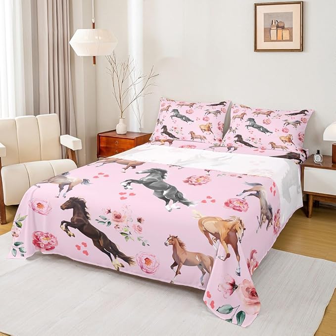 Horse Sheet Set for Girls,Kawaii Farmhouse Horse Print Bed Sheets Queen for Cowboy Cowgirl,Rustic Wild Animal Bedding Set,Watercolor Rose Flowers Leaves Fitted Sheet + Flat Sheet + 2 Pillowcases
