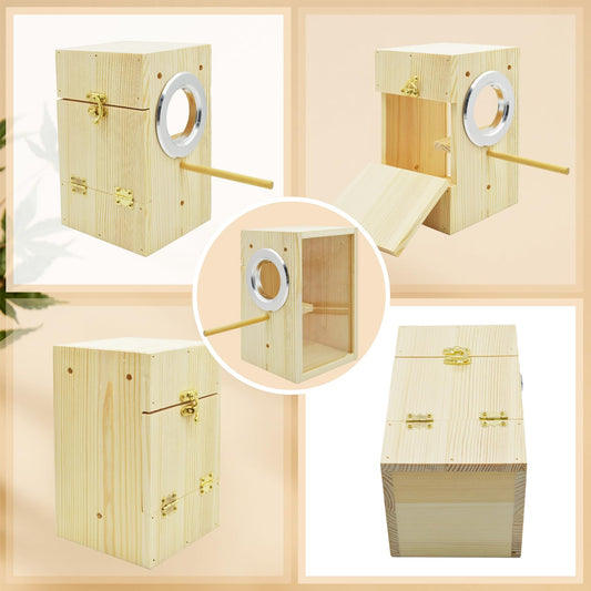MUYG Parakeet Nesting Box,Transparent Bird Nest Boxs Natural Wooden Breeding Box with Coconut Fiber,Birds Cage House with Perch for Canary Budgies Gouldian Finch Cockatiel Conure and Other Small Birds