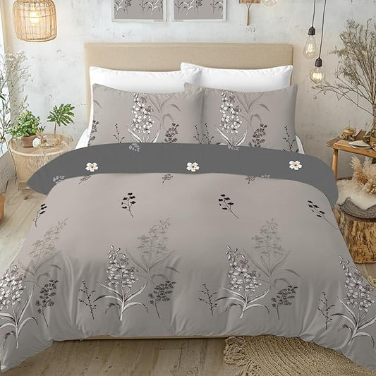 Vintage Grey Leaf Duvet Cover Farmhouse Decor Grey 3D Botanical Flower Print Bedding Set for Boys Girls with Zipper Closure and Corner Ties (Twin)