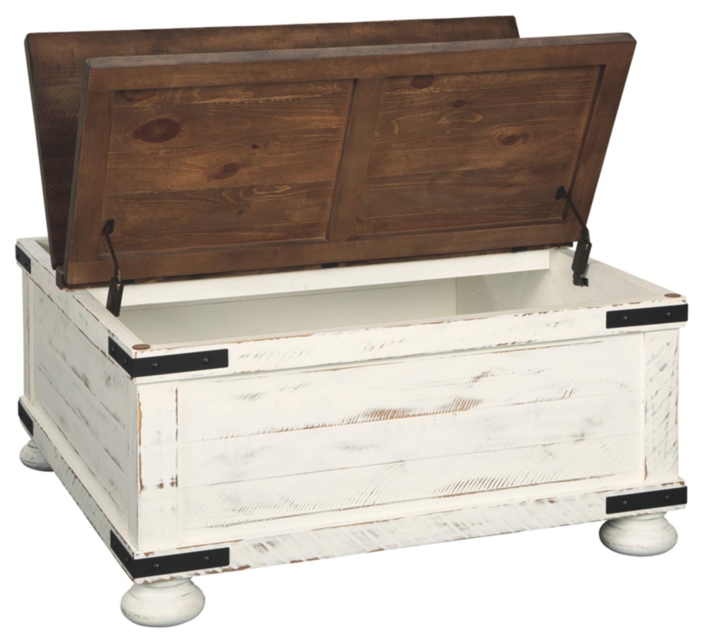 Signature Design by Ashley Wystfield Farmhouse Square Storage Coffee Table with Hinged Lift Top, Distressed White and Chair Side End Table with Cabinet Door for Storage, White & Brown