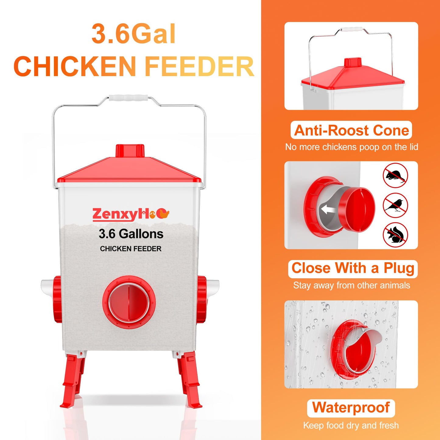 ZenxyHoC 2 * 3.6 Gallons Chicken Feeder Bucket with Handle, Anti Roost Cone and Adjustable Legs