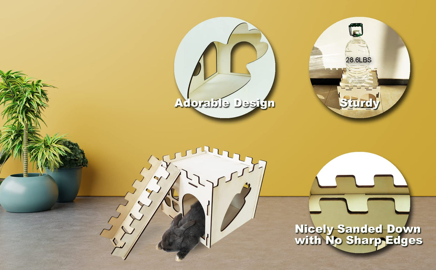 HIIMALEX Extra Large Sturdy Bunny Castle Hideout for Indoor Rabbits Play House with Stairs Round Edges Detachable Habitats for Rabbit Guinea Pig Chinchilla Hedgehog