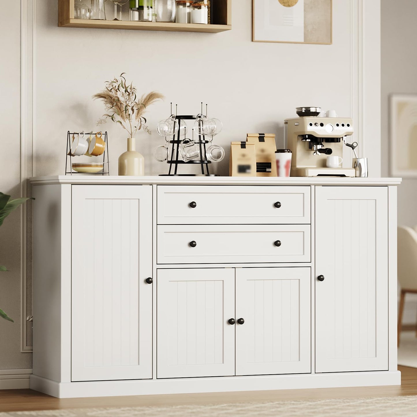 Farmhouse 58" Sideboard Buffet Cabinet with Storage, Sideboard Cabinet with 2 Drawers and 4 Grooved Barn Doors, Wood Coffee Bar Buffet Table for Kitchen, Dining Room- White