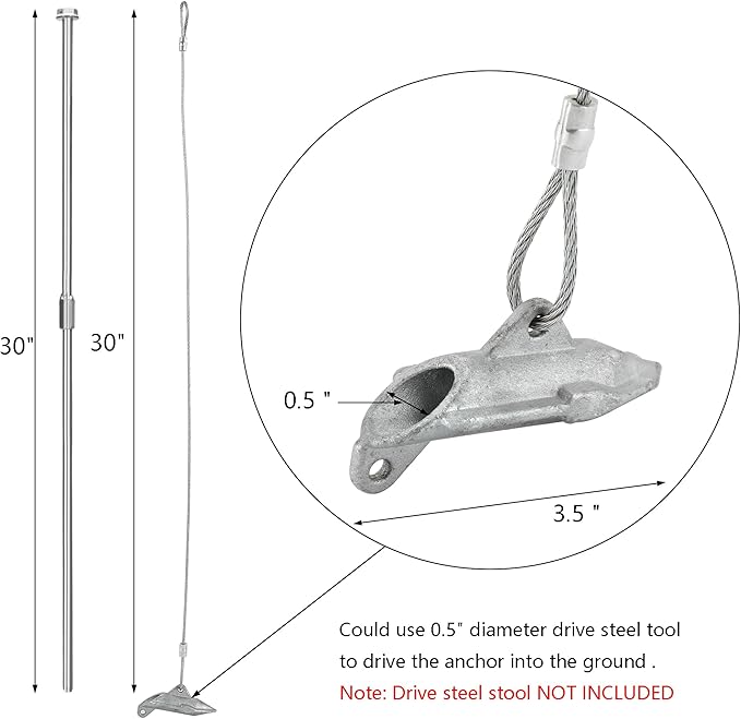 6 Pack Ground Earth Anchors with Drive Steel Stool - Easy Hook Anchor with 30" Long x 1/8" Cable, Ideal for Securing Shed, Fence, Green House, Swing Set and More.