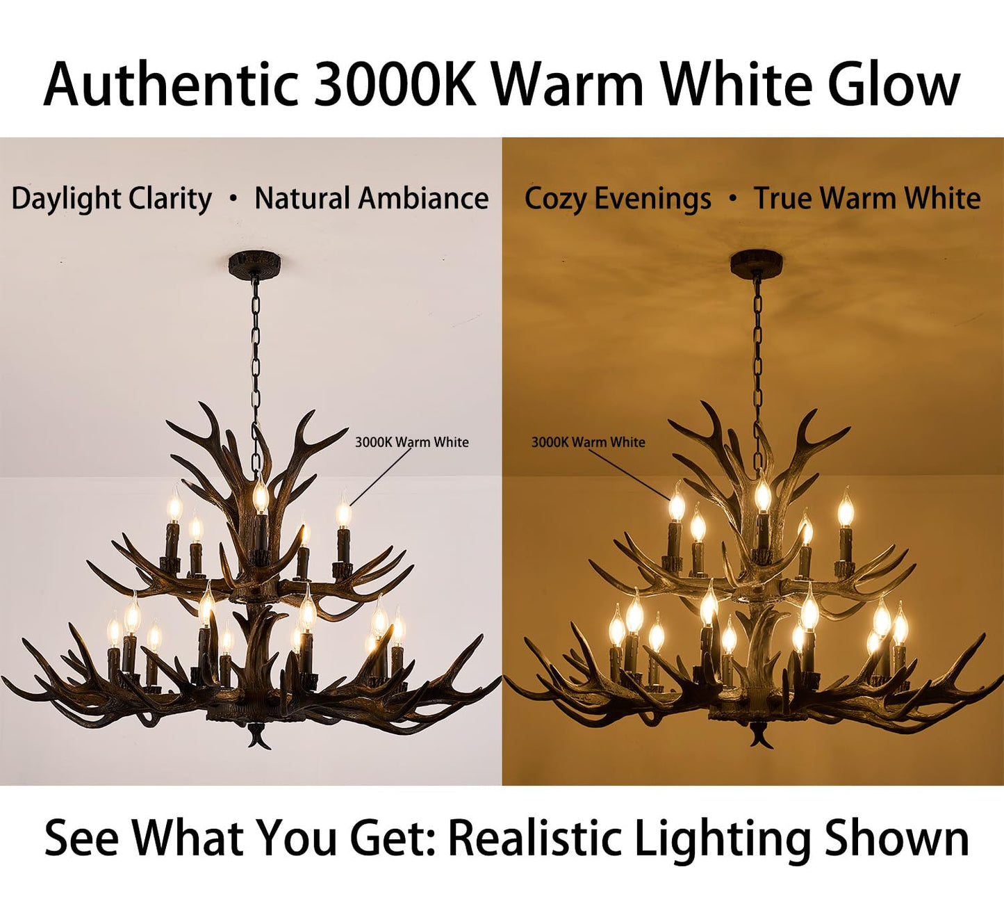 Uboxin Black Antler Chandelier with Brushed Gold, 15 - Light Rustic Farmhouse Ceiling Light, 39.4" Wide Adjustable Height Hanging Chandelier for Living Room, Dining Room, Coffee Shop (15 Lights)