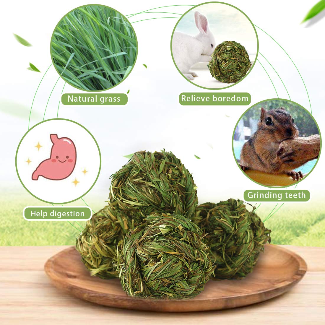 PINVNBY 6 Pack Rabbit Chew Grass Balls,Natural Timothy Woven Bunny Hay Ball Teeth Grinding Activity Play for Hamster Chinchillas Gerbils Guinea Pigs and Other Small Animal