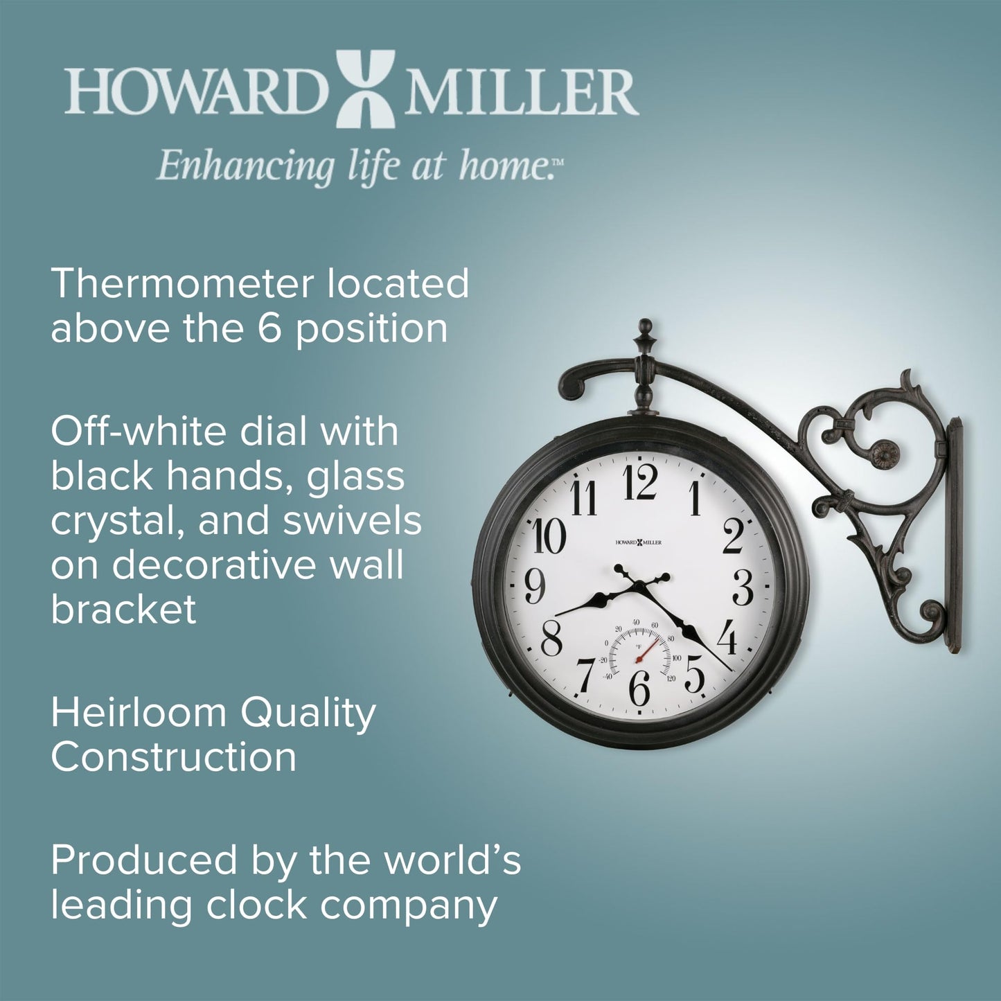 Howard Miller Luis Double-Sided Wall Clock – Indoor Outdoor Analog Clock, Battery Operated Decorative Wall Clock Aesthetic Home Style Clock for Room Decor, Living Room, Office Wall Decor
