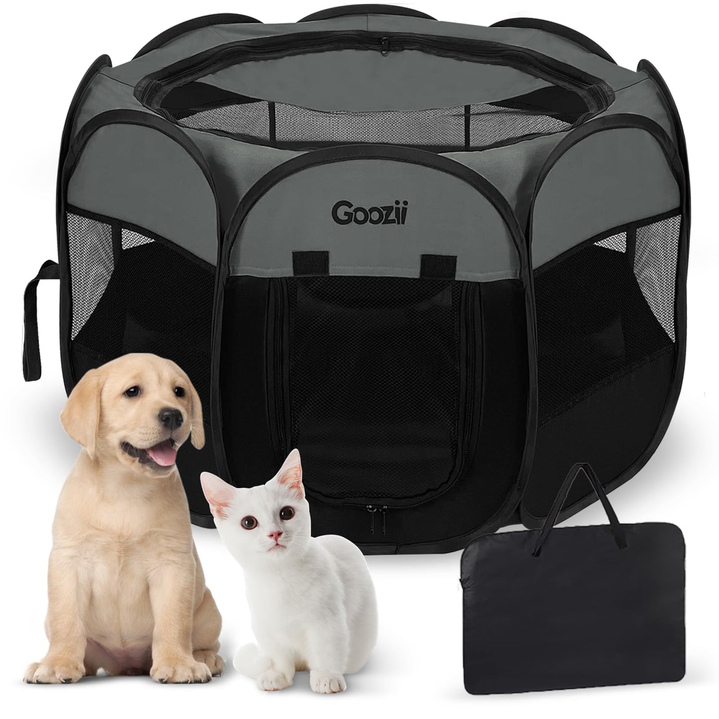 Goozii Portable Dog Playpen for Medium Dogs, Collapsible Pet Cat Kitten Puppy Playpen Indoors Outdoors with Zipper Top Cover (Medium Size, Grey-Black)