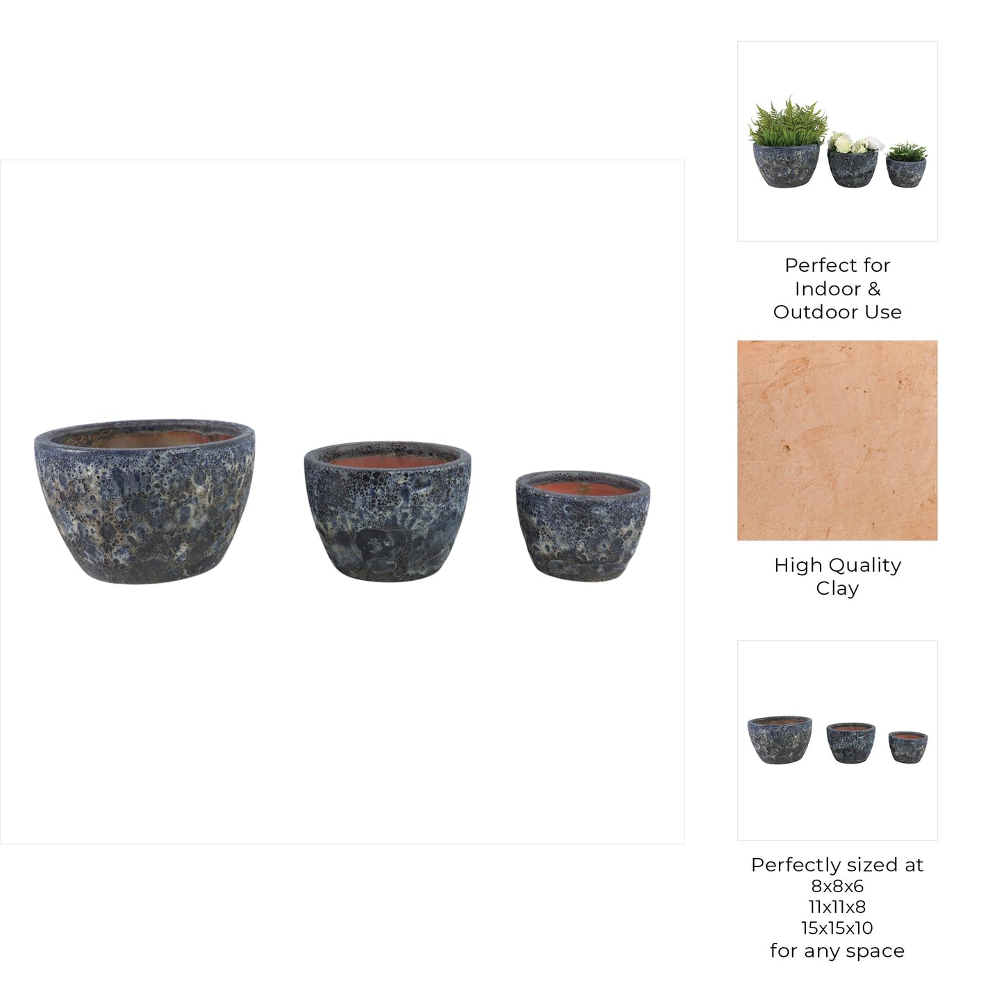 Sagebrook Home Set of 3 8/11/15" Lava Planters, Blue
