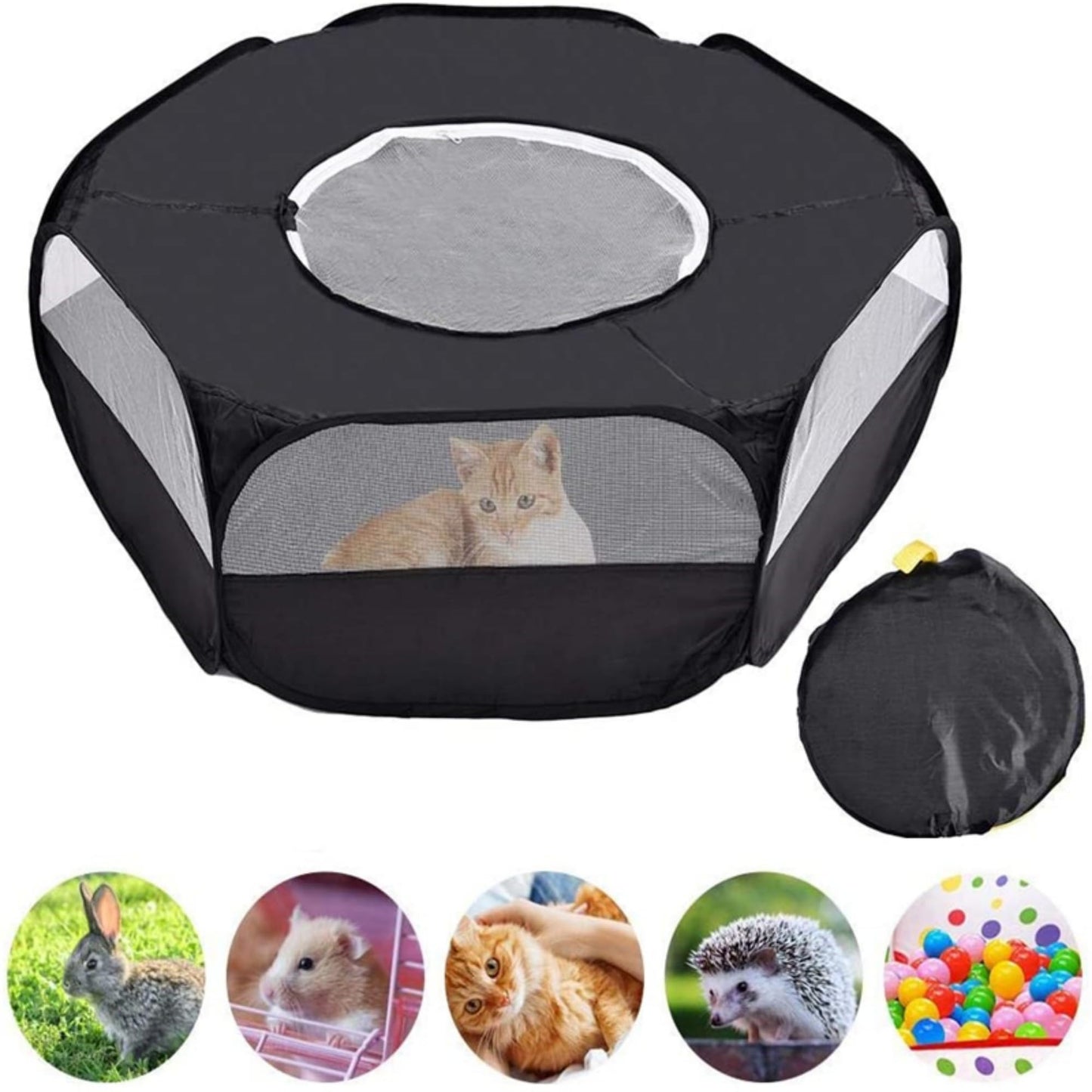 Small Animal Playpen,Popup Playpen,Portable Pet Tent,Foldable,Chicken brooder,Hamster/Dog/Cat/Rabbit/Guinea Pig/Chick Pet Cage Tent with Zipper Cover,Waterproof Black
