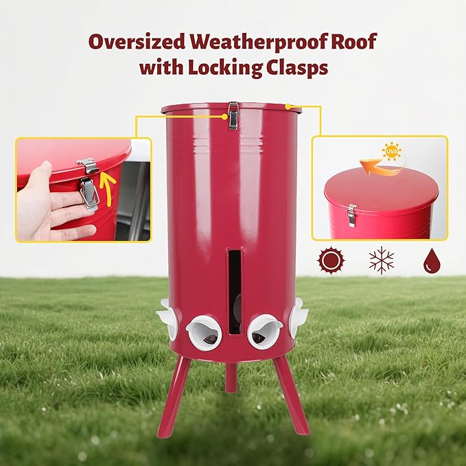 KOL 75 LB Large Free Standing Chicken Feeder, Portable Gravity Chicken Feeder Automatic, Dispenser, 8 Feeding Ports Poultry Feeder for Chicken Rooster & Hen (Red)