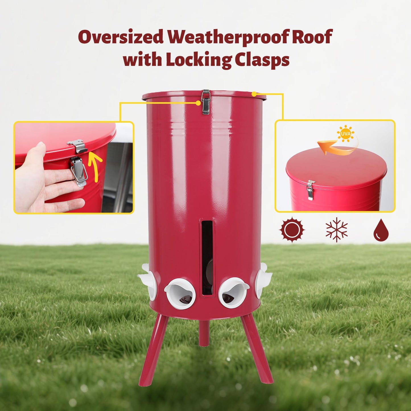 KOL 75 LB Large Free Standing Chicken Feeder, Portable Gravity Chicken Feeder Automatic, Dispenser, 8 Feeding Ports Poultry Feeder for Chicken Rooster & Hen (Red)