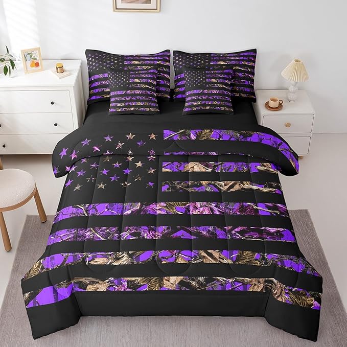 Feelyou American Flag 7 Pieces Bedding Set, King Size Purple Camouflage All Season,Bed in a Bag with Comforter, Sheets, Pillowcases Branch Hunting Bed Set Breathable Camouflage Hunter Room Decor