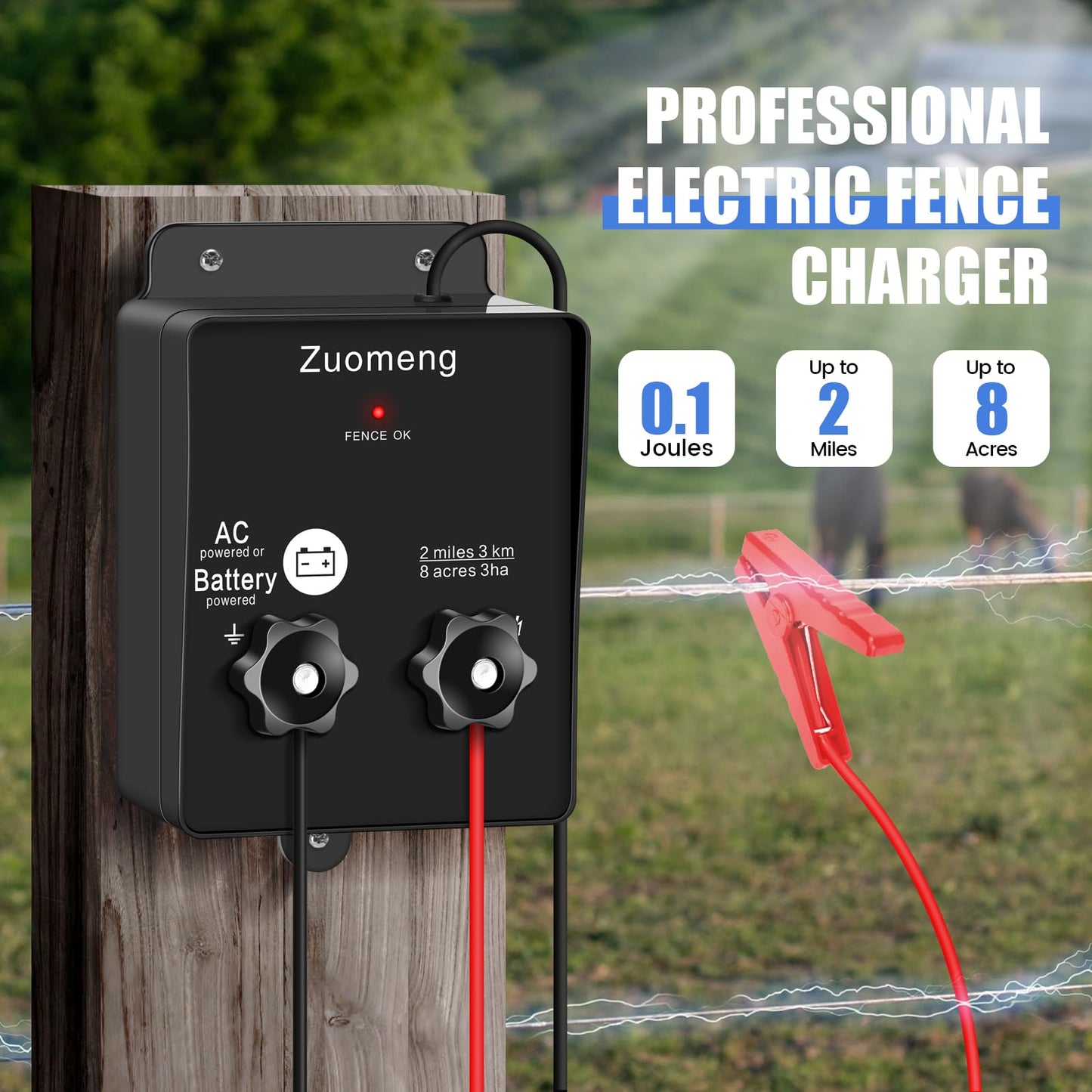2-in-1 Electric Fence Energizer, Zuomeng 2-mile 8 Acres Electric Fence Charger Powered by Battery or Power Adapter, 0.1 Joules, Protect Your Livestock Garden Pasture from Wildlife