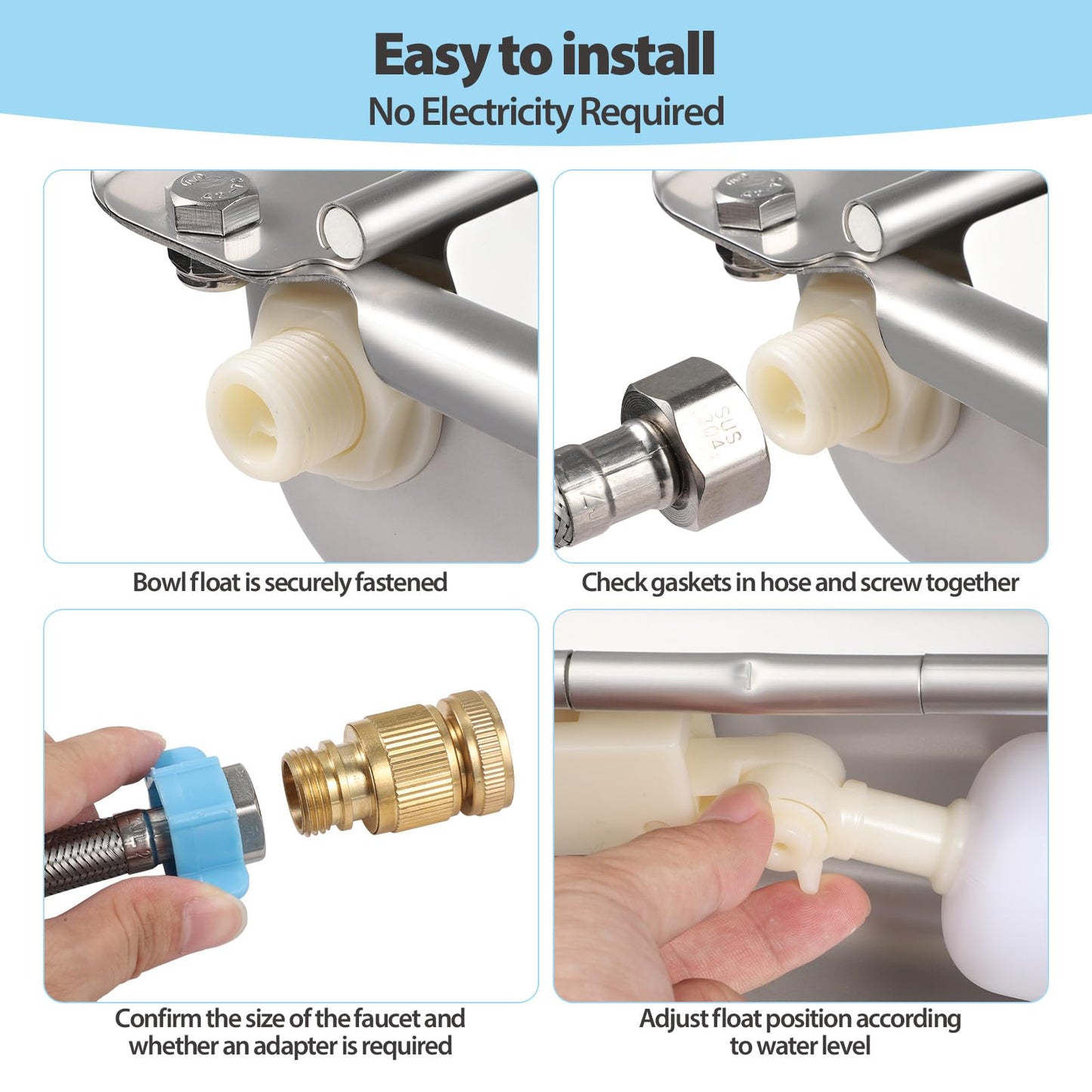 Automatic Water Dispenser for Chicken, 304 Stainless Steel Outdoor Auto Fill Waterer Bowl Self Refilling Watering System with 2 Float Valves and Drainage Hole for Chicken,Duck,Poultry