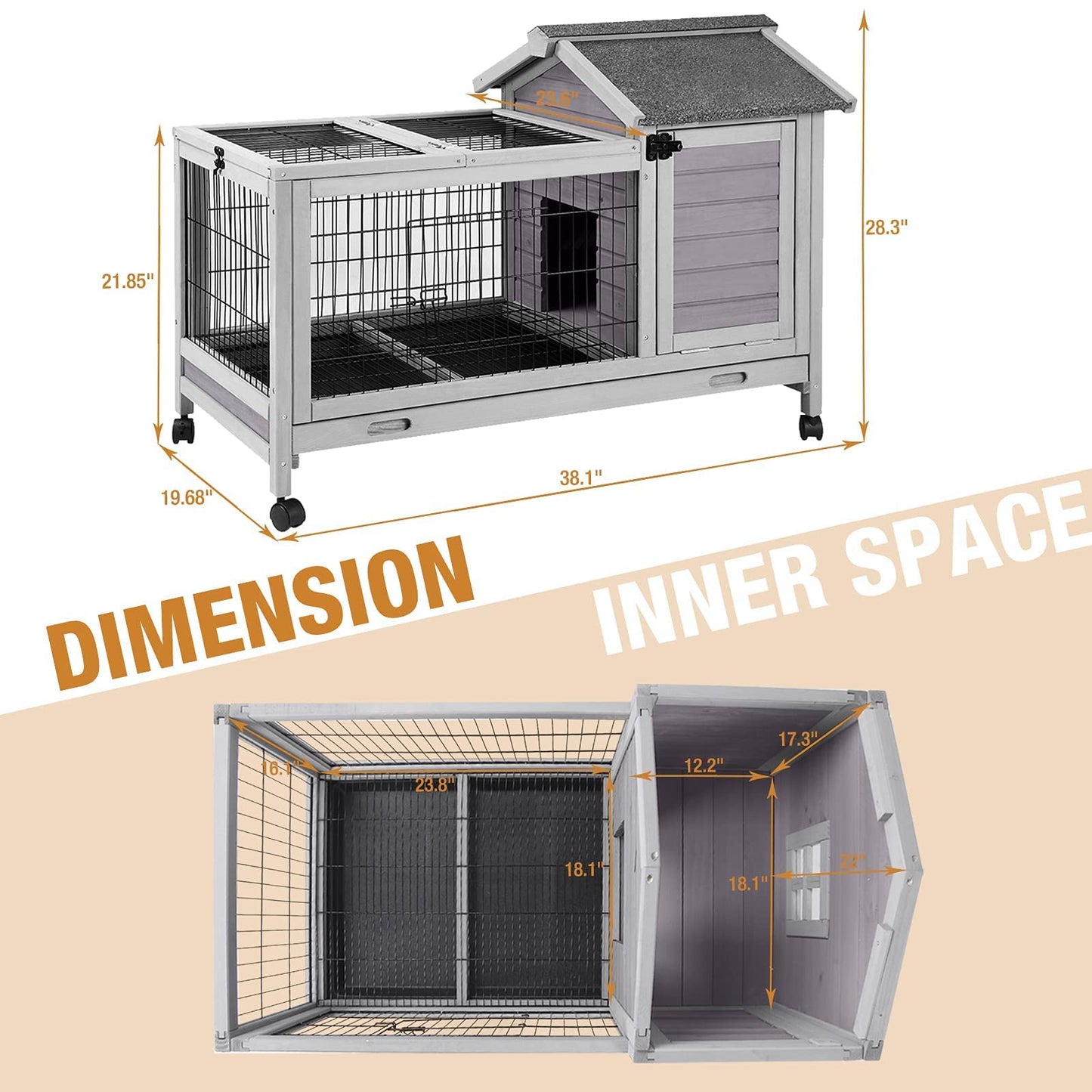 Rabbit Hutch Indoor Outdoor Rabbit Cage Bunny Cage with Run,No Leak Pull Out Tray,Wire Fence