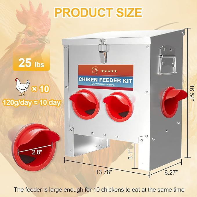 Automatic Chicken Feeder No Waste 25 Pounds Metal Poultry Feeder with Latch & Handle for Chickens, Geese, Ducks, Turkeys, Quails, Weatherproof (4-Port)