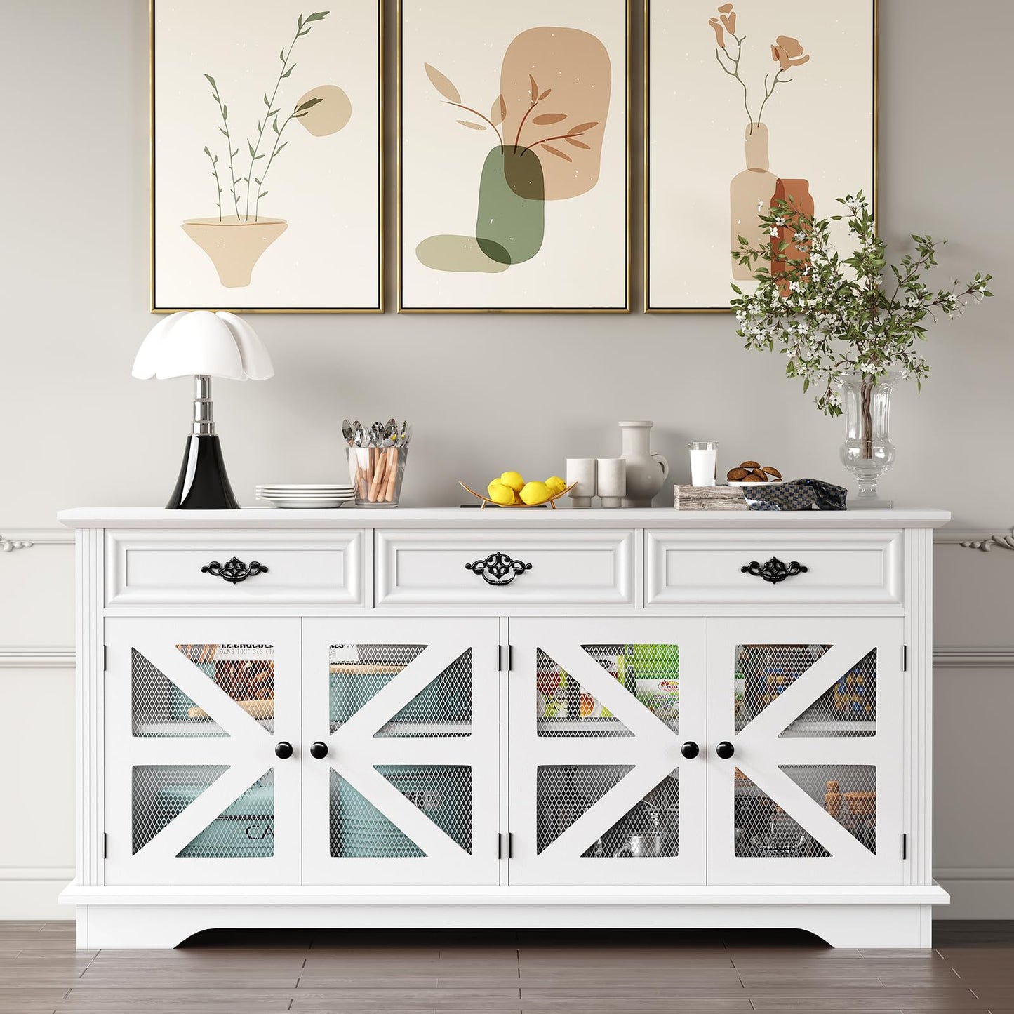 63" Farmhouse Buffet Cabinet with Storage, Sideboard Cabinet with Adjustable Shelves, Charging Station, 3 Drawers & 4 Mesh Barn Doors, Large Coffee Bar Accent Credenza for Dining Living Room- White