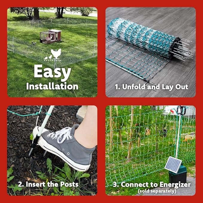 RentACoop Poultry Netting Electric Fence - Electric Poultry Enclosure for Chickens, Ducks, Turkeys - Suitable for 4 Week Old Chickens/Older and Adult Poultry - Energizer Not Included - 168' L x 48" H