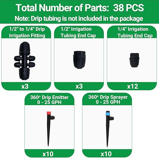 Drip Irrigation Fittings Kit, 1/2" to 1/4" Barbed Connectors, End Plugs, Adjustable Drip Emitters and Vortex Spray Emitters for 1/4" Tubing in Garden or Lawn Use (Tubing Not Included) 38 PCS