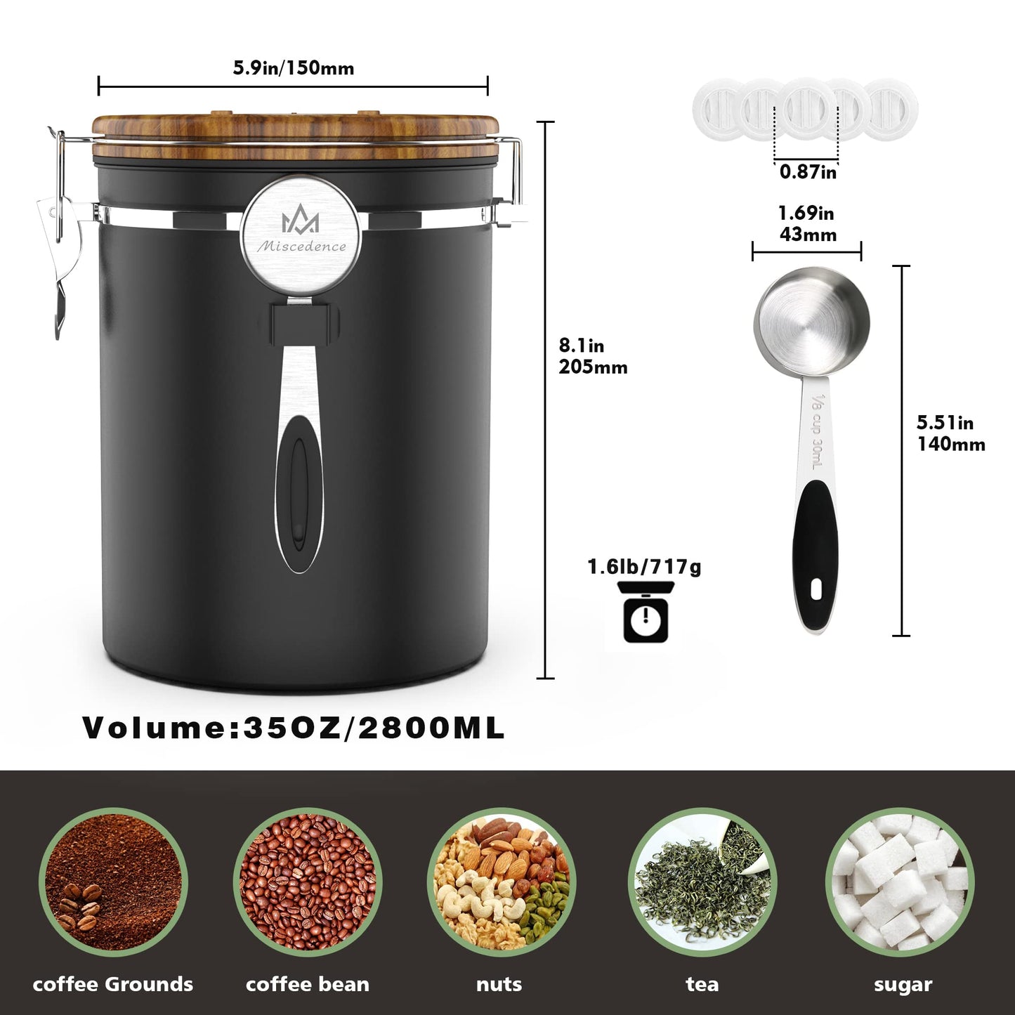 Miscedence 35OZ Coffee Canister for ground coffee with Date Tracker,Wood grain lid 304 Stainless Steel Kitchen Food Airtight storage container for Coffee Beans or Grounds, Tea, Sugar(35oz-grain)