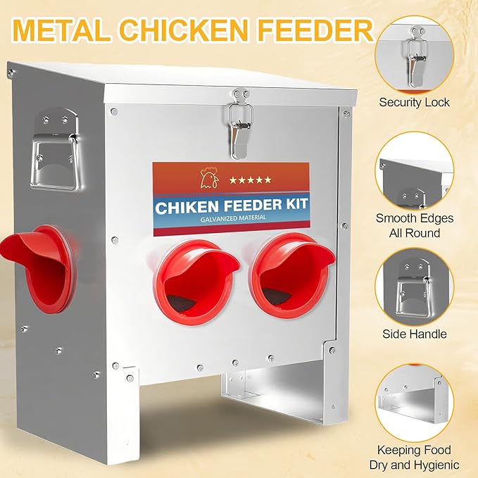 Automatic Chicken Feeder No Waste 25 Pounds Metal Poultry Feeder with Latch & Handle for Chickens, Geese, Ducks, Turkeys, Quails, Weatherproof (4-Port)