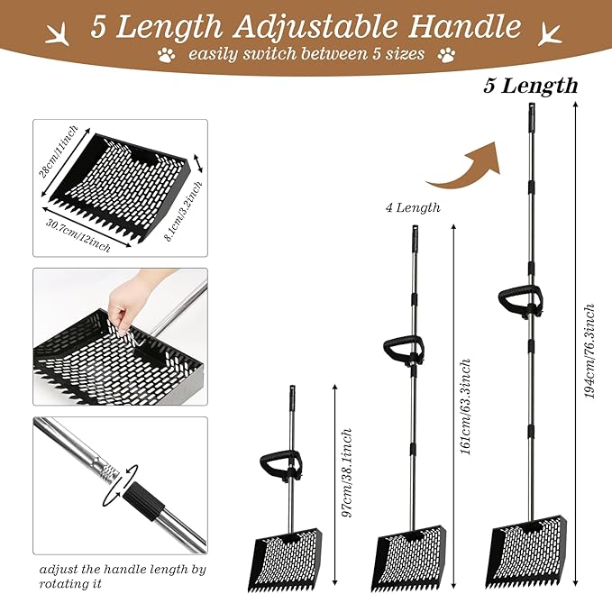 12inch Chicken Poop Scooper & Rake 2-in-1 Chicken Scooper for Poop with 36 to 77" Adjustable Stainless Steel Handle Gloves Heavy Duty Litter Sifting Shovel for Cleaning Coop Farm Pet Waste
