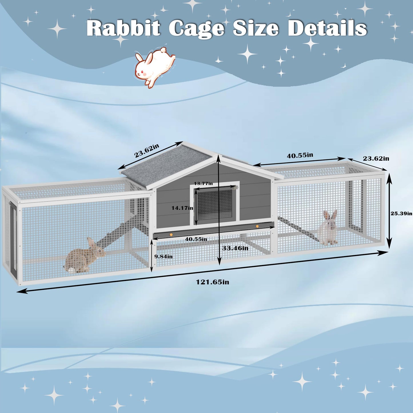 KEIKI 121.6" Extra Large Wooden Rabbit Hutch, 2 Story Bunny Hutch Poultry Pet House with Ramps, Pull-Out Tray, Double Side Runs, Waterproof Asphalt Roof, Lockable Doors for Small Animals, Gray & White