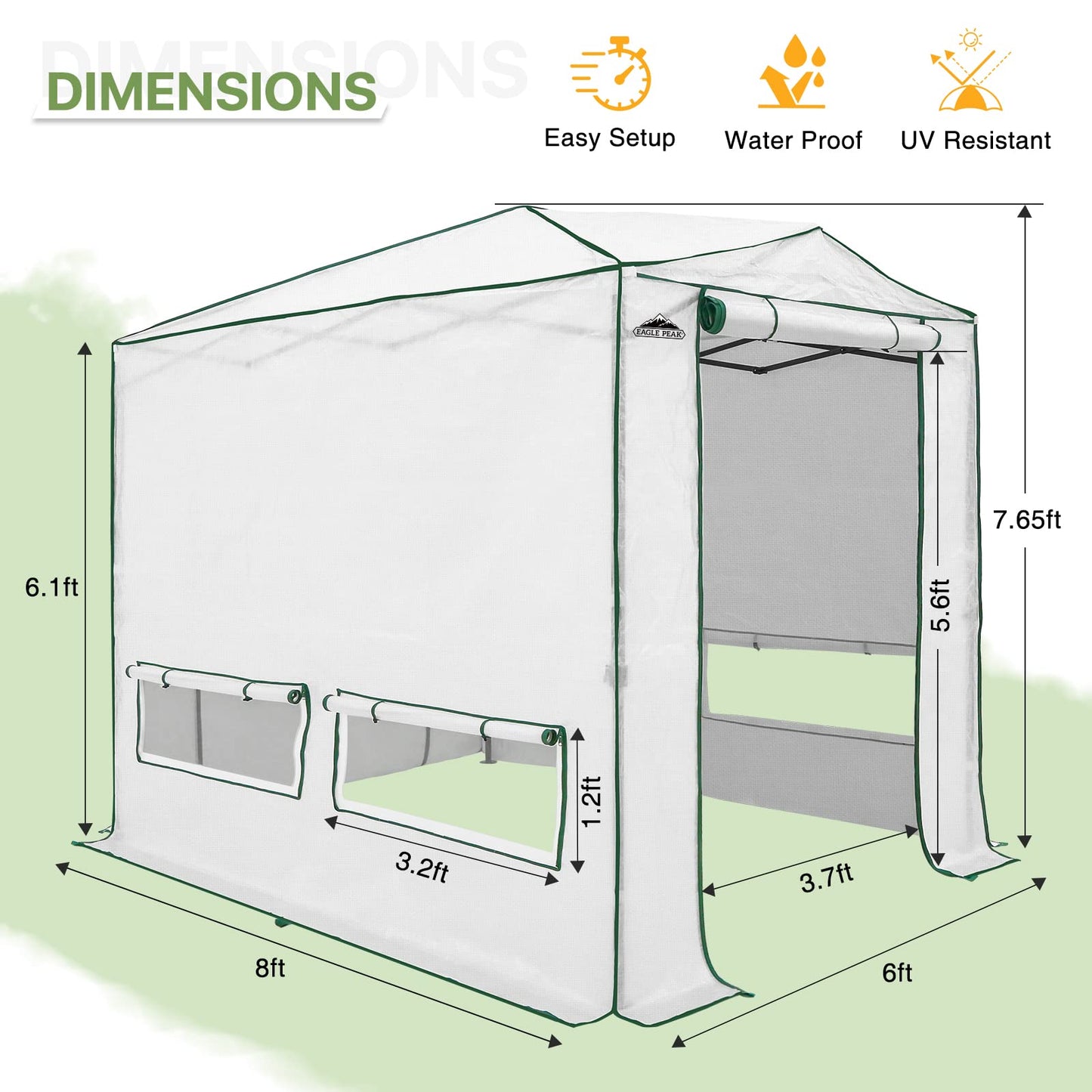 EAGLE PEAK Instant Pop-up Greenhouse, Indoor Outdoor Plant Gardening Green House, Roll-Up Zipper Doors and Side Windows, Heavy Duty Walk in 8x6 ft, Woven PE Top, White