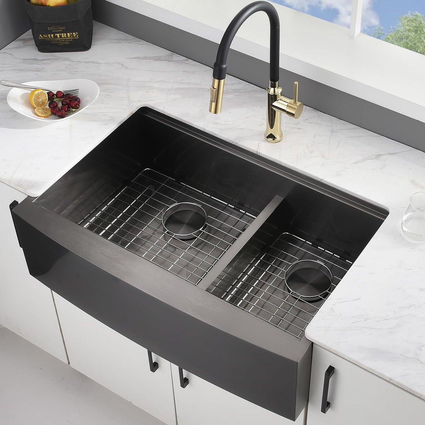 Kitead 33x22 Double Bowl Farmhouse Sink Workstation - 33 Inch Black Stainless Steel Kitchen Sink Double Bowl, Undermount Farmhouse Kitchen Sinks with Accessories