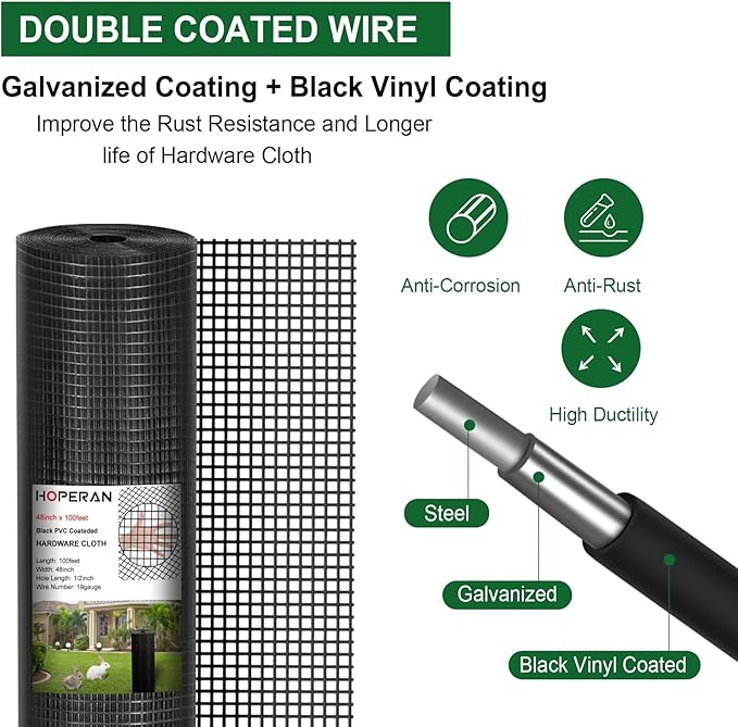 HOPERAN Black Hardware Cloth 1/2 inch 36 x 50 Ft Mesh 19 Gauge PVC Coated Chicken Wire - Vinyl + Galvanized Double Coated Fence - Welded Wire Mesh Roll for Chicken Coop Fencing Garden Fencing