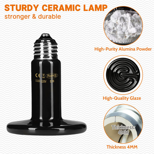 HARTOMPET 200W Ceramic Heat Emitter - Black Reptile Heat Bulb - Infrared Reptile Heat Lamp for Lizards, Amphibians, Turtles, Dogs, Cats - Ideal for Pet Heating - No Light, No Harm - ETL Listed