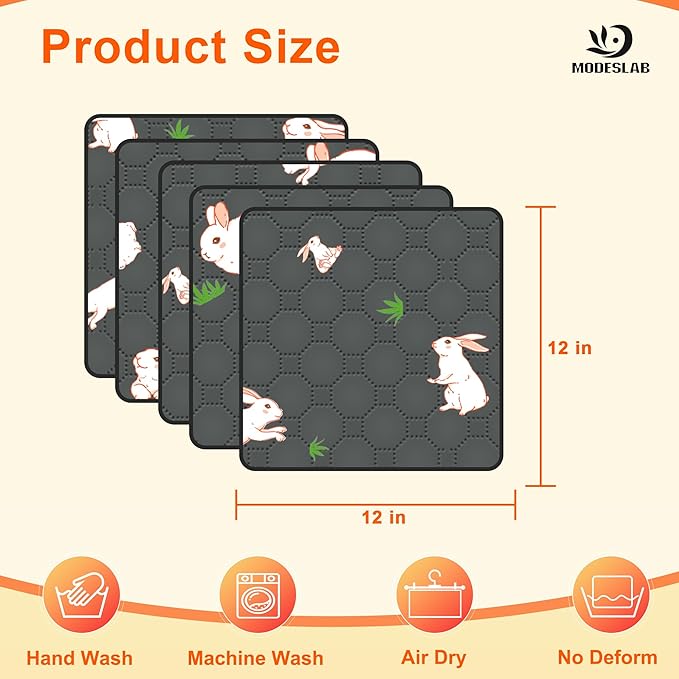 5-Pack Guinea Pig Cage Liner, 12in x 12in Fast Absorption Washable Bedding Pee Pads for Dogs Puppy Rabbit Small Animal Cage Mat, Leakproof & Non-Slip